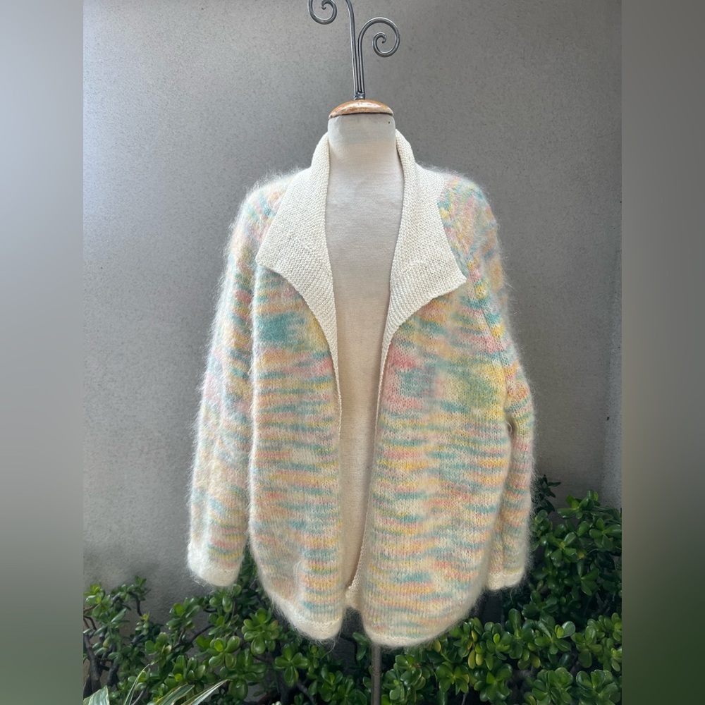 Boho oversize sweater mohair cardigan pastels colors crochet trim handmade M/L